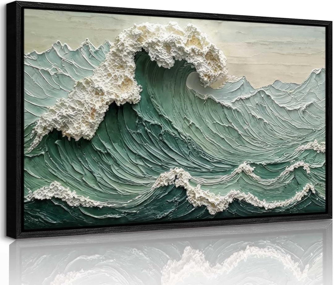 Large framed. Green giant waves. Abstract ocean nature scene wall art. 3D effect. Canvas print, suitable for living room, bedroom, office and other home decor. 24x36 inch.