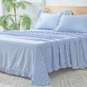 Gingham Queen Sheet Set, Lightweight Super Soft Brushed Microfiber Plaid Bed Sheets with 16" Deep Pocket, 4 Piece Ruffle Farmhouse Bedroom Decor, Blue