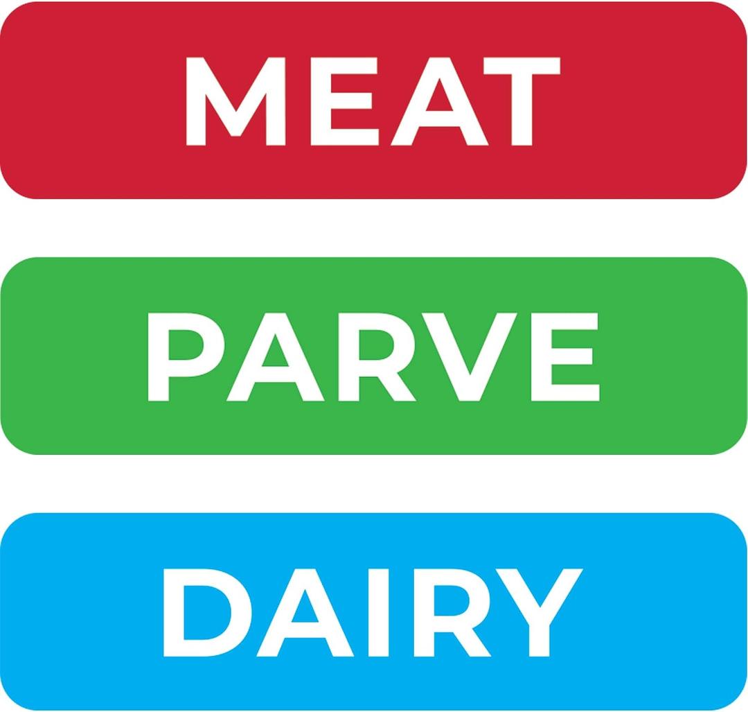 10 x Kosher Sticker Labels, 48-Pack, 16 Blue Dairy, 16 Red Meat, 16 Green Parve Stickers, Oven Proof up to 500° F, Freezable, Microwavable, Dishwasher Safe, English, Color Coded Tools