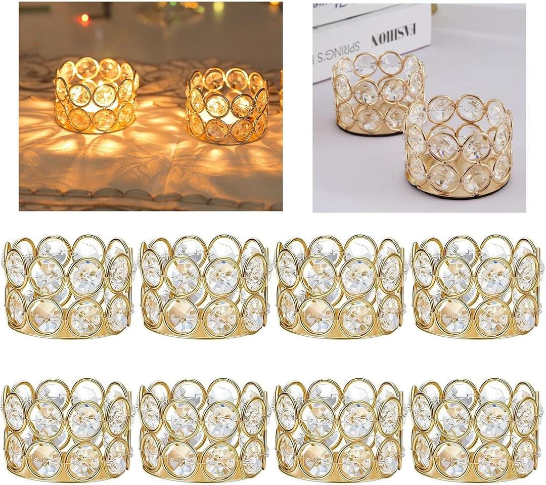 Gold Crystal Tea Light Candle Holders Bowl Tealight Candle Holders, Decorative Cylinder Diamond Votive Candle Stand Table Centerpieces Wedding, Party, Home Decoration (10 Pcs)