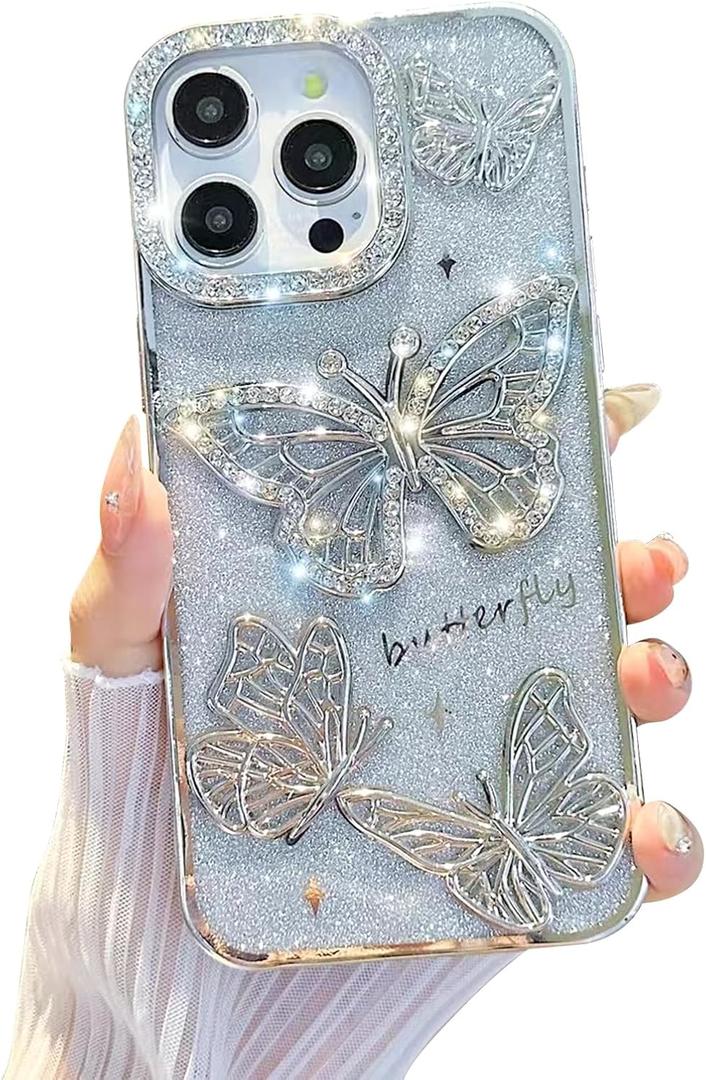 Compatible for iPhone 14 Pro Max Case with Luxury Glitter Plating Cute Butterfly Rhinestone Sparkly Design Aesthetic Women Girls Shiny Bling Camera Protective Cover-Sliver