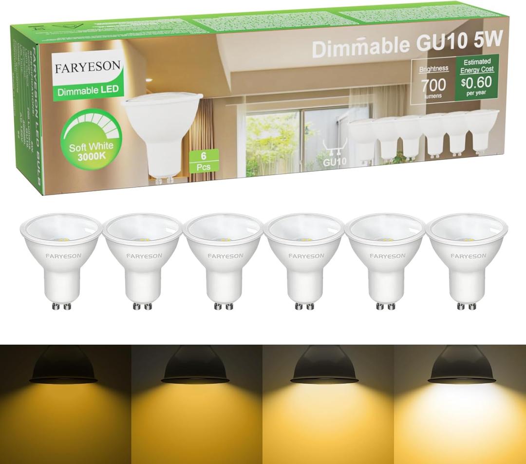 Dimmable GU10 LED Light Bulbs - 5W Energy-Efficient, 700 Lumens Soft White (3000K), 110 Flood Beam, Ideal Replacement for Halogen Bulb in Recessed & Track Lighting, 6-Pack