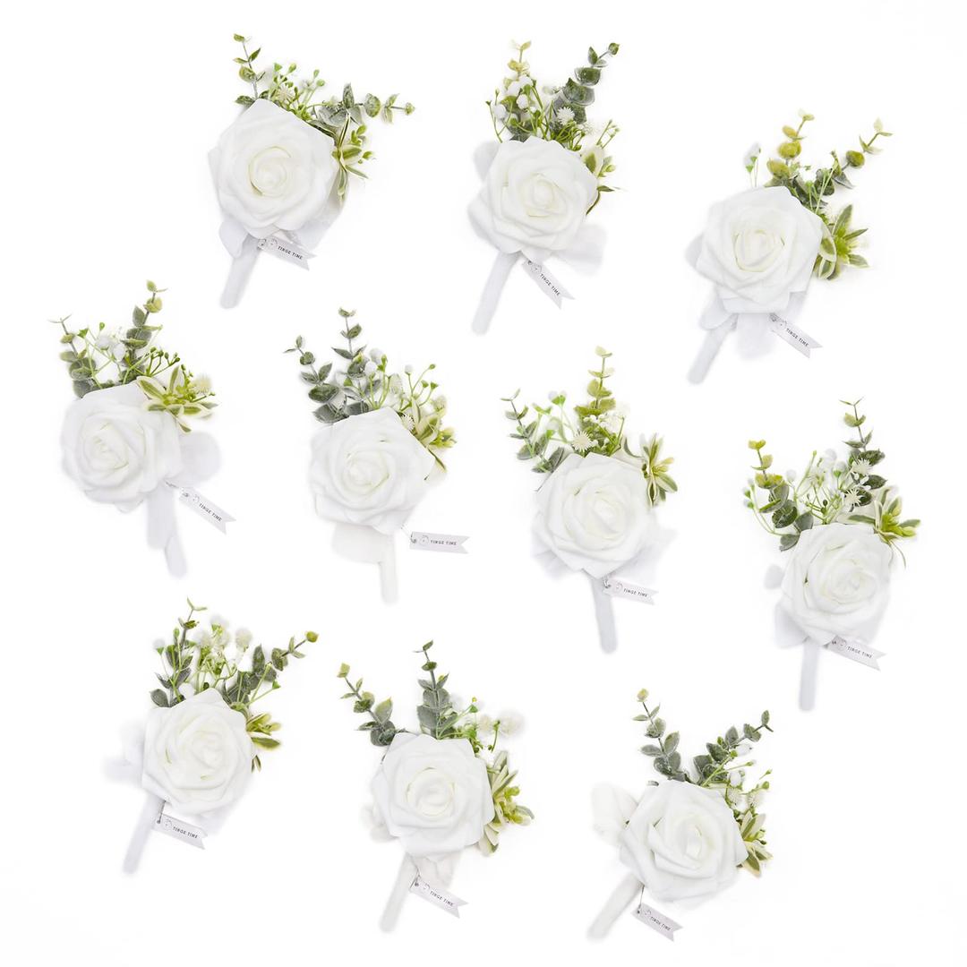 TINGE TIME Boutonniere for Men Wedding,Groom and Best Man Boutonniere for Wedding Ceremony Anniversary, Formal Dinner Party and Rustic Spring Wedding Marriage (10, Virginal White)