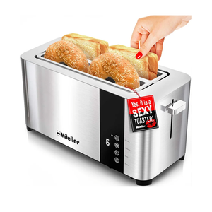 Mueller UltraToast Full Stainless Steel Toaster 4 Slice, Long Extra-Wide Slots for Bagels and Waffles, 6 Browning Levels, LED Display, Cancel/Defrost/Reheat Functions & Removable Tray, Kitchen Gadgets