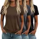 Huukeay 3 Pack Women's Cotton T Shirts Casual Short Sleeve Tunic Tops Crewneck Summer Loose Fit Plain Basic Tee (L)