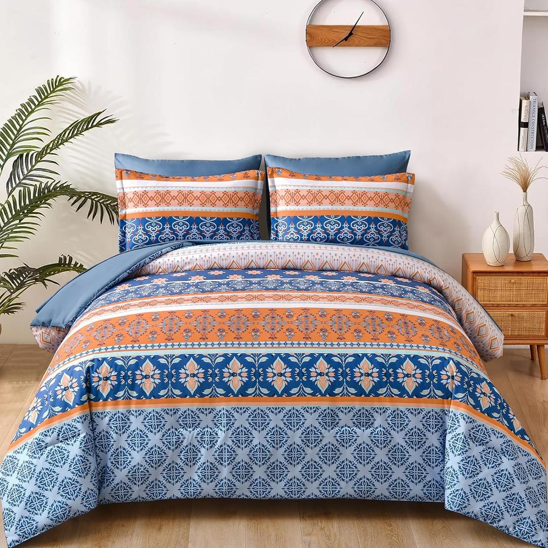 WONGS BEDDING Boho Comforter Set Full, Blue and Orange Bedding Set 7 Pieces Bed in a Bag Bohemian Striped Bedding Comforter Sets Soft Microfiber Comfortet and Sheet Set for All Season