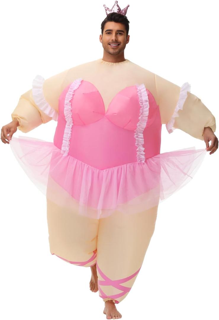 Inflatable Ballet Costumes for Adult Funny Blow up Fat Costume with Crown Headband Halloween Party Role Play (Pink Series)