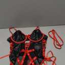 Sexy Strappy Lace Up Underwire Sheer Leather Garter Belt Teddy Bodysuit Lingerie Top 2 Piece Set (Medium, Black Red)