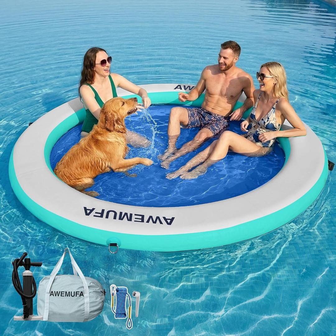 AWEMUFA 8ft Water Hammock 8 inches Thick Round Float Ring with Mesh Lake Floats for Adults Heavy Duty Circle Floating Mat for Pool Inflatable Water Raft for Summer Parties