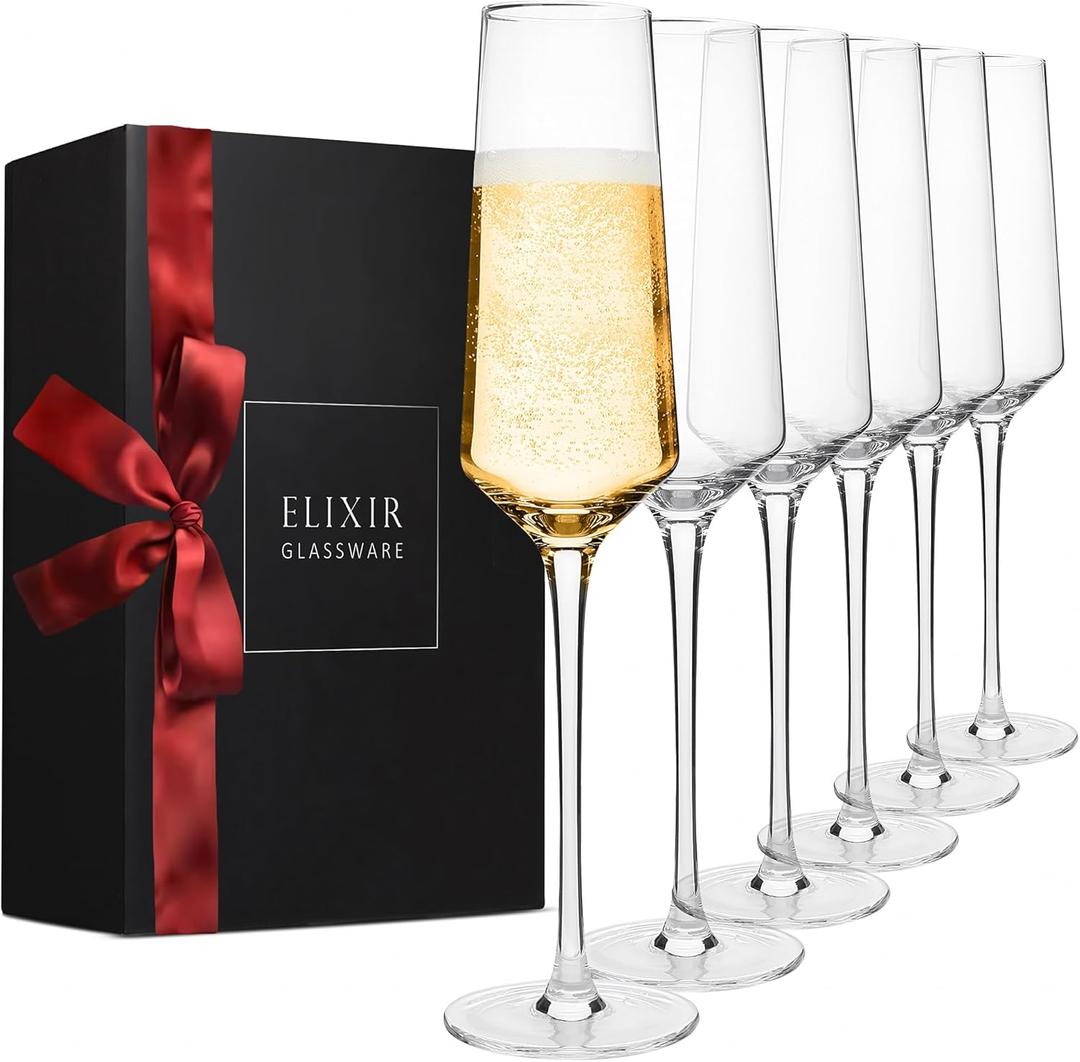 ELIXIR GLASSWARE Classy Champagne Flutes - 8 oz - Set of 6 Elegant Flute Wine Glasses - Hand Blown Crystal Champagne Glasses - Wedding Gifts for Couples, Engagement Gift, Housewarming Gifts