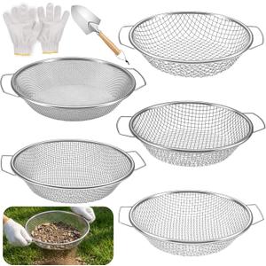 5PCS Soil Sifter, Gardening Soil Sifter with Handle Rock Compost Sifting Screen for 5 Gallon Buckets Garden Metal Sieve Strainer with Shovel 2,4,6,8,10mm Mesh Sizes Remove Stone Fine Gravel Sand Dirt