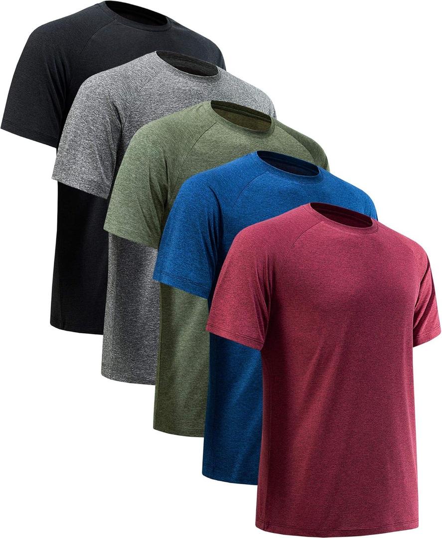 Workout Shirts for Men Short Sleeve Quick Dry Athletic Gym Active T Shirt Moisture Wicking (Large, 5 Pack Black, Dark Grey, Dark Blue, Army Green, Wine Red)