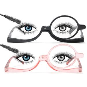 SODQW 2 Packs Makeup Reading Glasses for Women Round One Eye Rotating Magnifying Cosmetic Readers Make Up Eyeglasses (Black+pink)