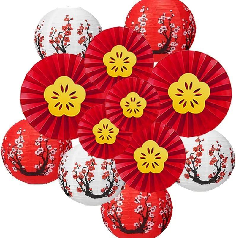 12 Pcs Chinese New Year Paper Lanterns and Red Floral Fans Set  Plum Blossom Round Lanterns and Red Folding Fans for Lunar New Year, Spring Festival Parties, and Holiday Celebrations