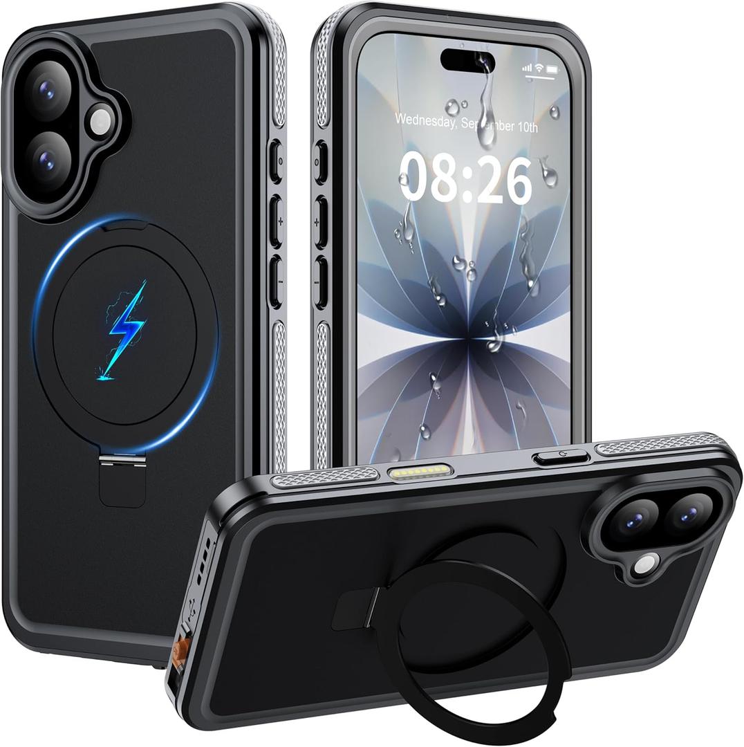 ANTSHARE Magnetic for iPhone 17 Case Waterproof, Built in Screen Protector [Compatible with MagSafe] [Invisible Stand] [IP68 Underwater], Full Body Protection Phone Case 6.3'', Black