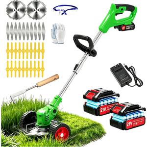 Electric Weed Wacker Battery Powered Weed Eater, 21V Cordless String Trimmer Battery Operated with Wheels & Metal Blades, Lightweight 4 in 1 Grass Trimmer/Brush Cutter/Lawn Edger/Mower for Garden Yard, 35 inches