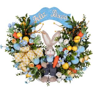 24" Large Easter Wreath for Front Door with Cute Rabbit Carrot Eggs Flowers Bow Sign, Farmhouse Spirng Easter Decoration for Home Porch Wall Mantel Window Outdoor Indoor Decor