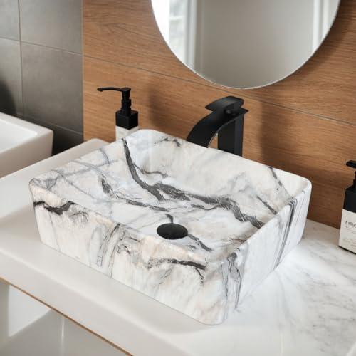 Lonuebu Bathroom 19"X15" Vessel Sink,Ceramic Vessel Sink with Faucet and Drain Combo Rectangular Small Sink Marble Vanity Sinks for Bathrooms Above Counter