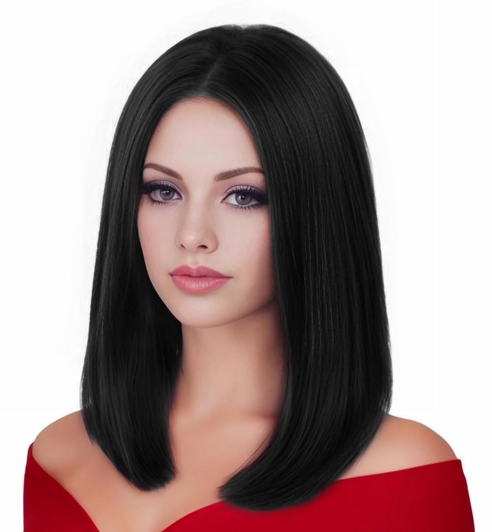 Rugelyss Natural Black Bob Wigs for Women with No Bangs Short Straight Wig with Middle Part 14 Inch Heat Resistant Synthetic Wig Daily Party Use