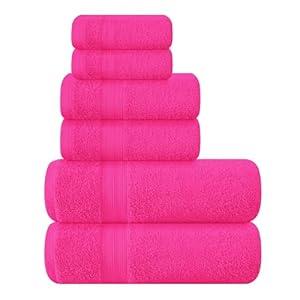 BOUTIQUO 6 Pack Cotton Towel Set, Contains 2 Bath Towels 27x54 inch, 2 Hand Towels 16x24 inch & 2 Wash Cloths 12x12 inch, Ideal Everyday use, Ultra Soft Compact & Lightweight - Hot Pink