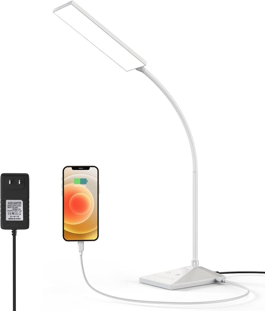 MONGERY LED Desk Lamp, Eye-Caring Table Lamps with USB Charging Port, 7 Brightness Levels & 5 Color Modes, Touch Control and Memory Function, 7W Flexible Gooseneck Reading Lamp for Home Office, White
