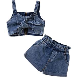 Toddler Baby Girls 2pcs Jeans Outfits, Denim Off-Shoulder Crop Tops+High Waist Ripped Jeans with Pockets 6 Months-6Y