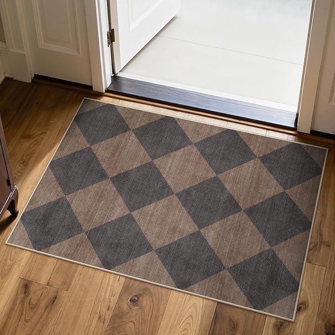 Beeiva Checkered Print 3x5 Washable Area Rug for Bedroom, Non Slip Ultra Thin Beige Entryway Rug Non Shedding Kitchen Rug 3x5, Modern Checkerboard Carpet Plaid Decor for Bathroom Office Nursery Brown/Black