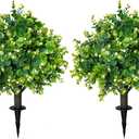 Artificial Boxwood Topiary Ball Trees 21.6" Tall UV Resistant Artificial Bushes, Set of 2 Faux Plants with Spike Easy to Push in The Ground for Indoor Outdoor Garden (21.6 inch)