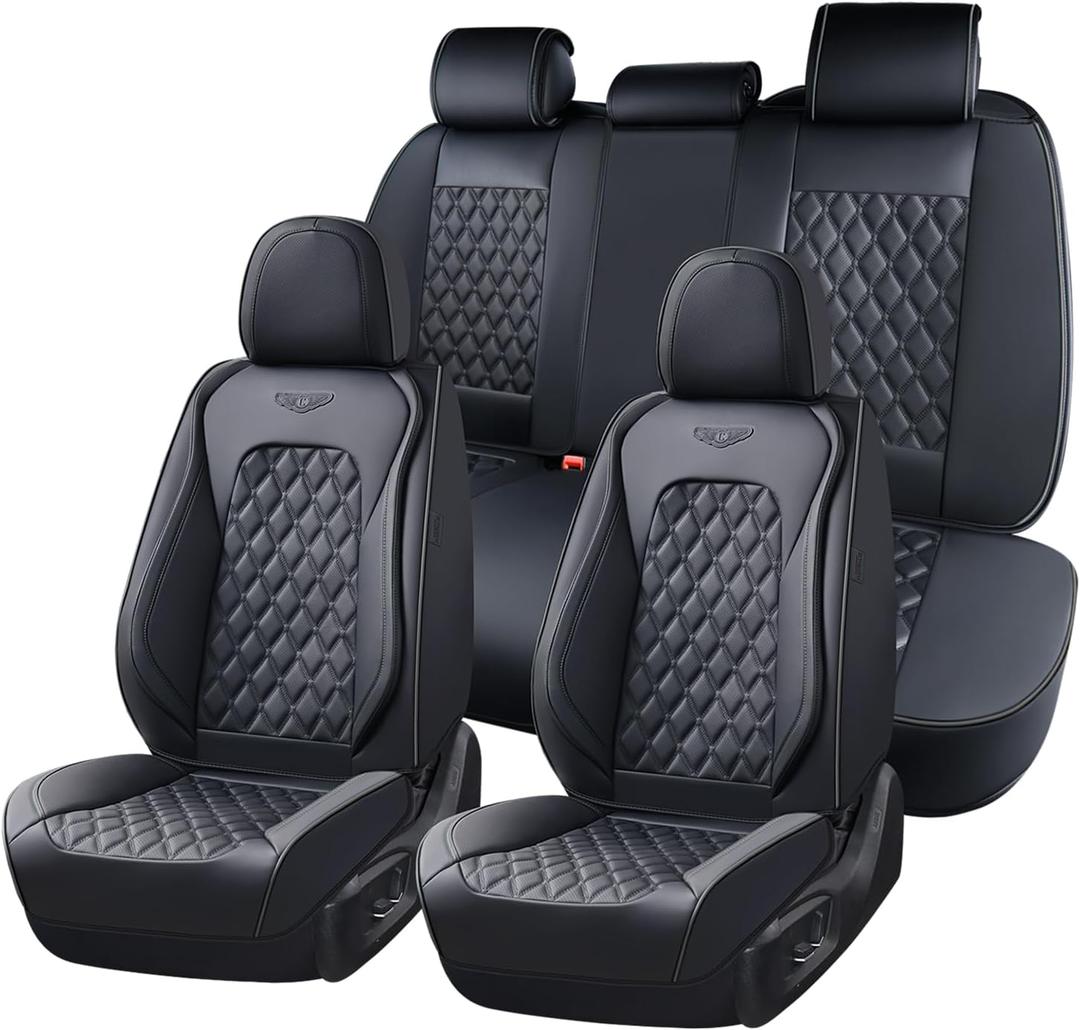 Coverado Full Set Car Seat Covers, Black Leather Seat Protectors, Luxury Front & Back Car Seat Covers,Waterproof Universal Fit, Automotive Seat Covers for Most Cars-Black