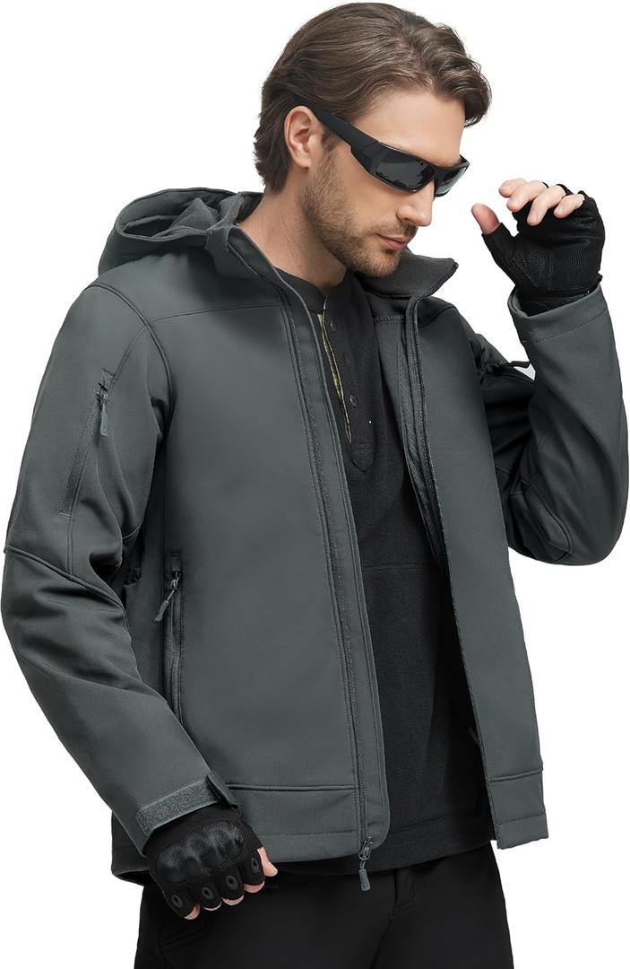 FREE SOLDIER Softshell Jackets for Men Water Resistant Fleece Lined Tactical Hunting Winter Windbreaker with Detachable Hood(Gray, 3XL)