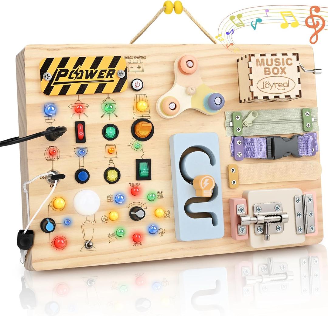 Joyreal Wooden Busy Board Montessori Toys for Toddlers, Sensory Activity Board with LED Lights, Music Box & Locks, Educational Learning Toy Gifts for Boys and Girls