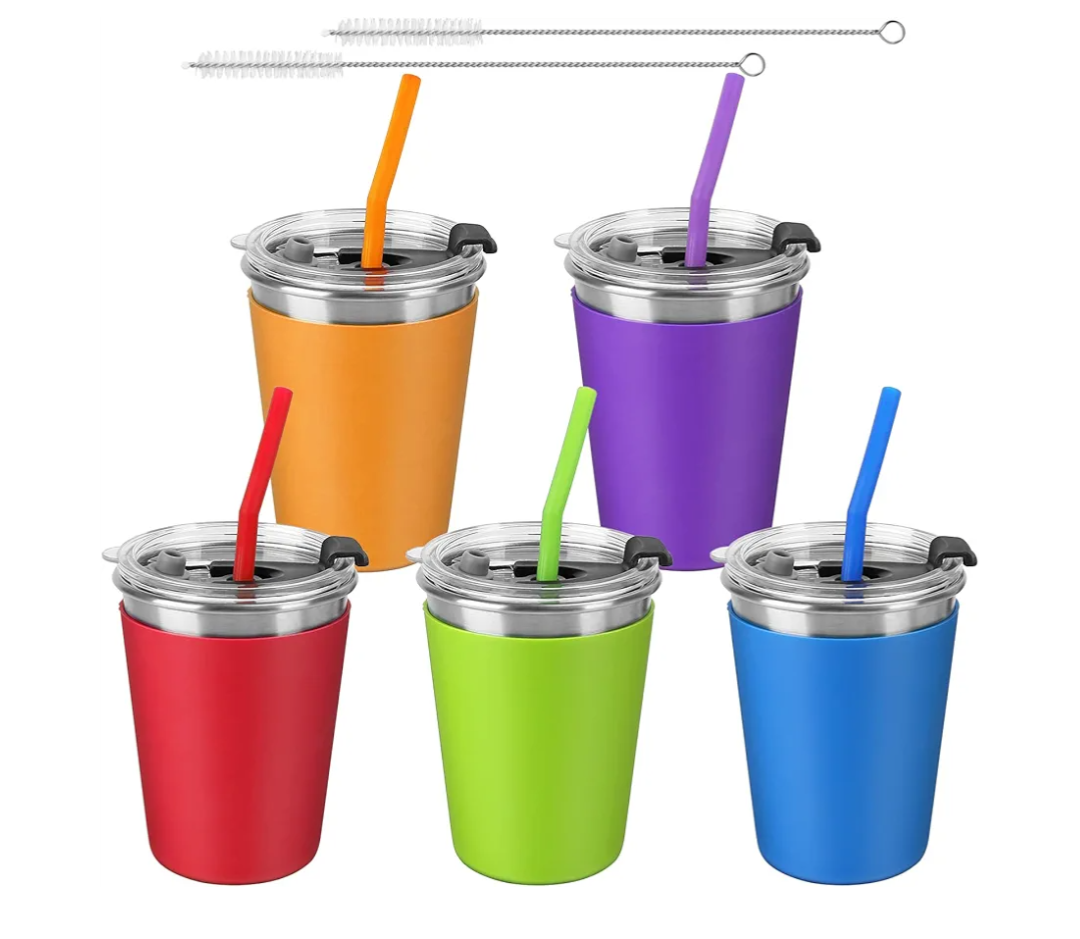 ShineMe 5Pack Kids Cups with Straws and Lids Spill Proof, 12oz Toddler Straw Cups with Colorful Silicone Sleeves, Unbreakable Stainless Steel Water Tumblers for Cold & Hot Drinks