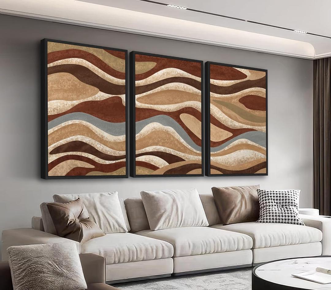 Large Framed Abstract Wall Art - Brown Mountain Range Wall Decor Painting 16"x24" Set of 3 Modern Prints Rustic Retro Canvas Pictures for Living Room Bedroom Office Artwork