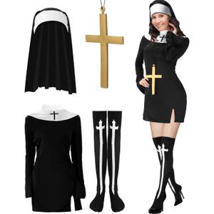 Vabean Halloween Nun Costume Accessories Nun Dress Nun Hat Stockings Gold Cross Pendant Necklace for Women Halloween Cosplay (Large)