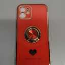 Compatible for iPhone 12 Case with 2 Pack Screen Protector, 360 Rotatable Ring Holder [Luxury Hearts Pattern] Plating Gold Edge Slim Soft Phone Cover Case for iPhone 12 - Red