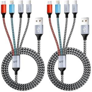 Dual Type-C Ports USB Multi Charging Cable Cord, 4 in 1 Charging Cables for Multiple Devices, Multi Charger Phone Charger Cord with iPhone 17/IP/Micro Port for iPhone 16-12/Android/iPad(5FT 2Pack)