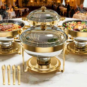 Chafing Dishes for Buffet 4 Pack, 6QT Gold Stainless Steel Round Chafing Dish, Food Warmers Buffet Set with Durable Frame and Easy Assembly, for Parties, Weddings, Christmas Gatherings, Catering
