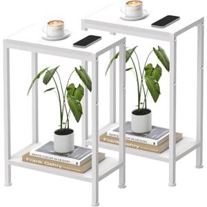 Narrow Side Table for Small Space Set of 2, 2-Tier Small End Table with Shelf Holder, Slim Nightstand, Skinny Snack Couch Table in Living Room, Bedroom, Study, Kitchen and BalconyWhite