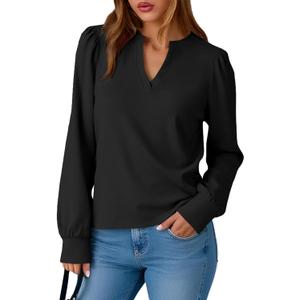 Tankaneo Womens Puff Long Sleeve Tunic Tops Trendy Casual V Neck Fall Shirts Loose Fit Basic Tees (Black, S)