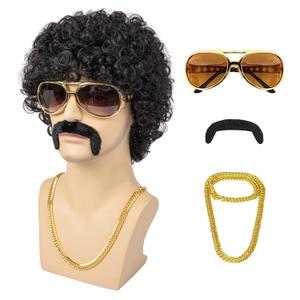 Afro Wig Men 70s Disco Costume Wig With Glasses Necklace Mustache and Wig Cap Natural Fluffy Short Black Curly Synthetic hair Wig for Halloween Christmas Cosplay Party