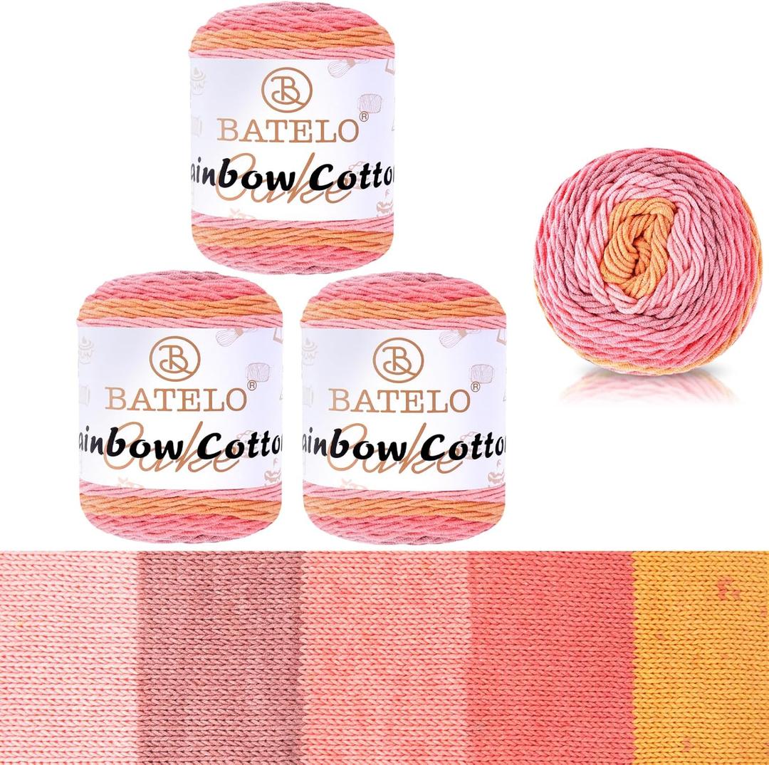 3 Pack Rainbow Cotton Cake Yarn Multicolor Cotton Crochet Yarn for Crocheting & Knitting Rug, Cushion, Home Decor Project - 45% Cotton & 55% Acrylic - 3 Light - 3.5oz/211yd - Autumn Rose