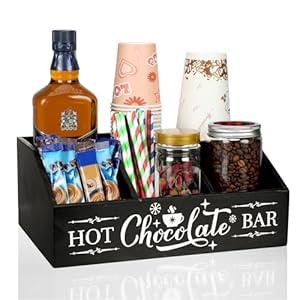 Barydat Christmas Hot Cocoa Bar Wood Coffee Station Organizer Countertop with 4 Compartment Coffee Bar Decorative Holder Xmas Basket Organizer Bin for Kitchen Holiday Gift Party Home Supplies (Black)