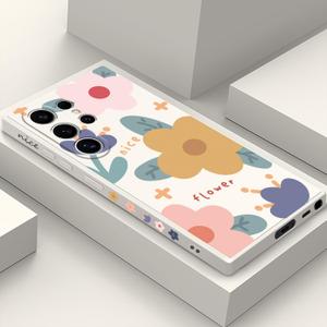 for Samsung S24 Ultra Case Flower Butterfly Pattern Design S24 Ultra Phone Cover Ultra Thin Soft Anti Drop Liquid Silicone Case for Samsung Galaxy S24 Ultra 6.8"-Color Block White