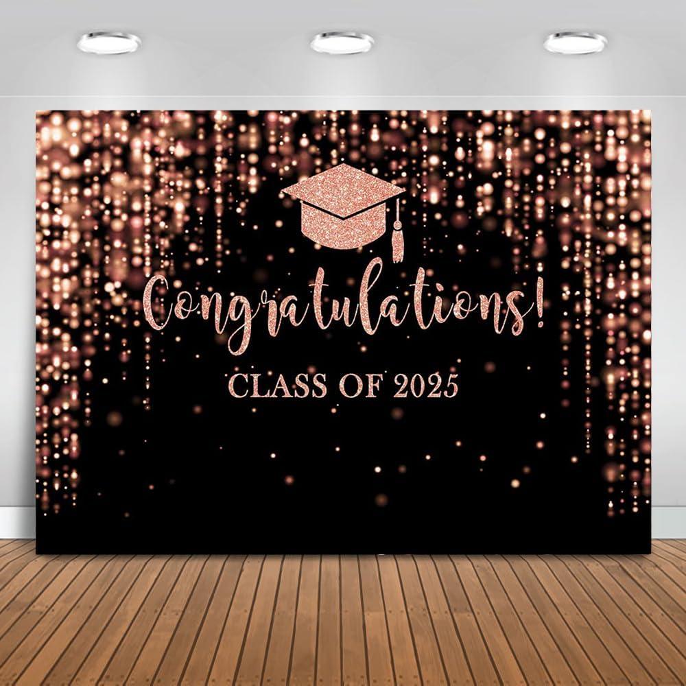 Mocsicka Class of 2025 Backdrop Rose Gold Glitter Bokeh Graduation Party Background 2025 Congrats Grad Prom Party Cake Table Decoration Photo Booth Props (7x5ft)