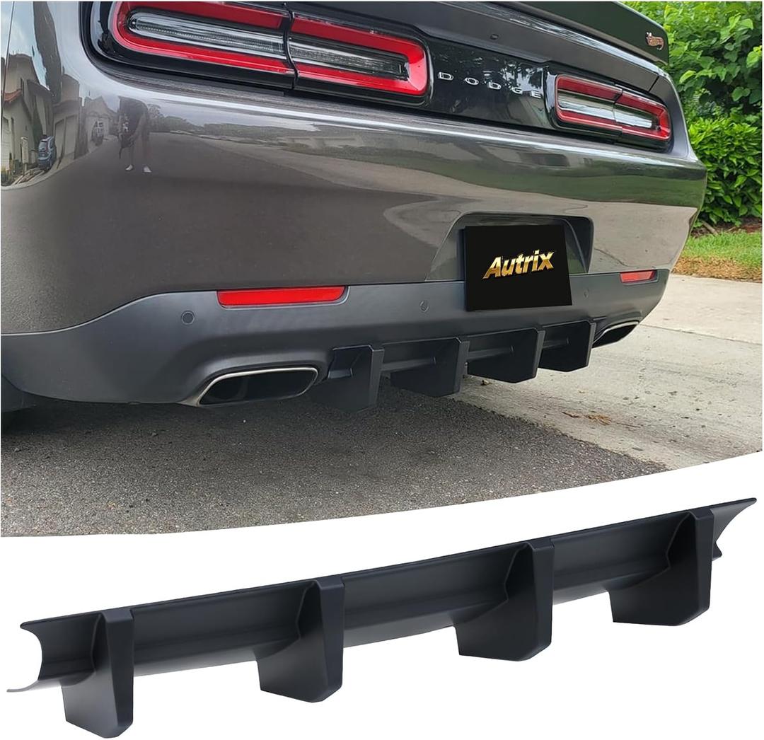 Rear Bumper Diffuser for 2015–2024 Dodge Challenger, Rear Diffuser Lip Spoiler Add On 4 Shark Fin Style Gloss Black