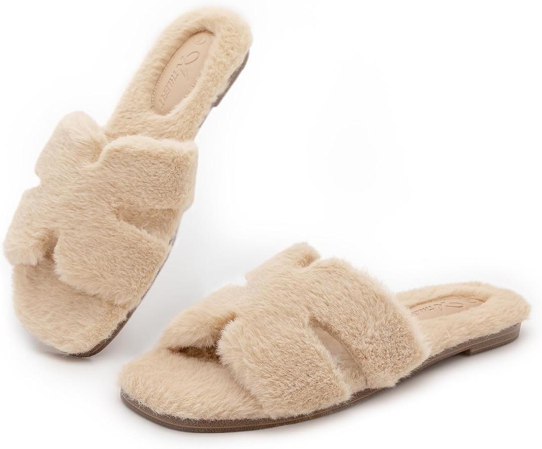 Athlefit Women's Fuzzy Slippers Cute Comfy Fluffy Open Toe Slip-on House Slide Slippers for Indoor Bedroom Bridesmaid (9, Khaki)