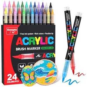 Guangna Acrylic Paint Markers Brush Tip, 22 Vivid Colors with Direct-Liquid Ink Control System, Professional-Grade Paint Pen for Rock Painting, Canvas, Glass, Plastic, Fabric, Eggs