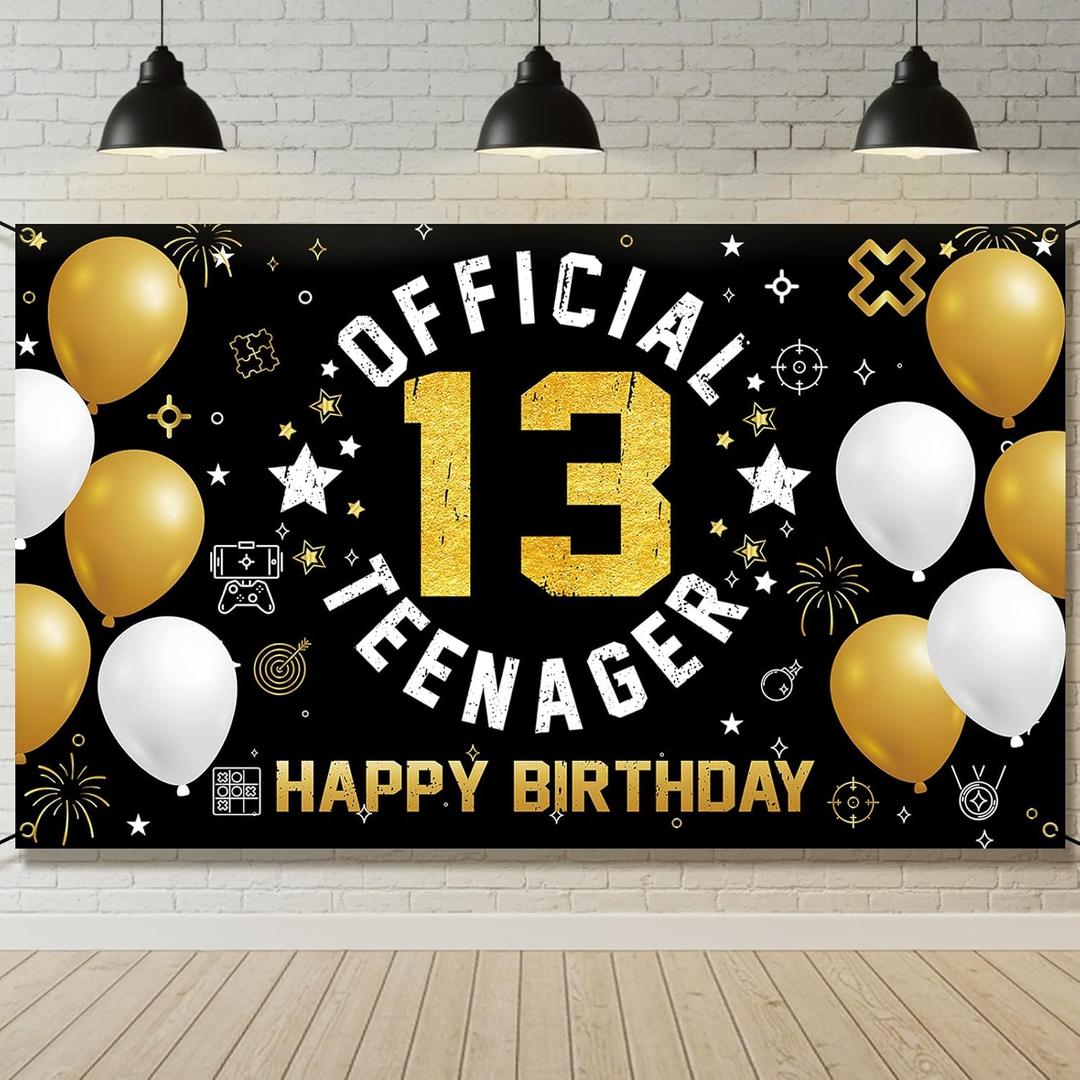 Fabric 13th Birthday Backdrop Banner for Boys Girls, Yard Sign Photo Booth Props, 3 Years Old Official Teenager Party Decor Indoor Outdoor, Black Gold Silver Theme, 6.1x3.6 FT