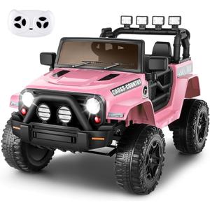 Hikole Electric Ride on Jeeps for Kids, 12V Battery Powered Car w/ Parent Remote Control, Music, Windshield, Spring Suspension, 3 Speeds, Kids Electric Vehicles for Boys & Girls - Pink