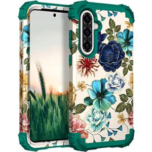 Hocase for Galaxy A36 5G Case, Heavy Duty Shockproof Protection Soft Silicone Rubber Bumper+Hard Plastic Hybrid Protective Case for Samsung Galaxy A36/A56 5G (6.7"" Display) 2025 - Teal Flowers